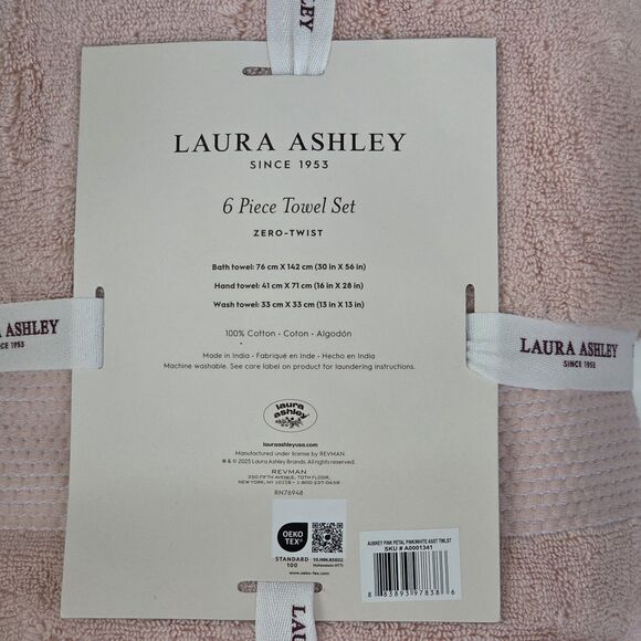Laura Ashley 6pc Pink Petal Cotton Towel Set Zero Twist 2Bath 2Hand‎ 2Washcloths - Picture 2 of 7